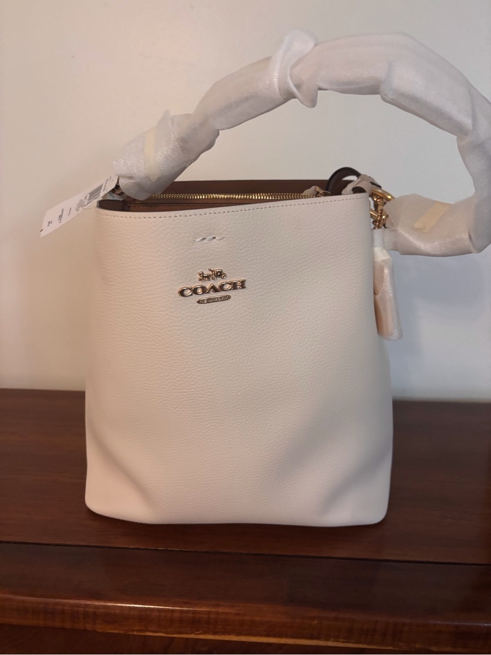 Coach Cream Pebbled Leather Mini Bucket Crossbody with Gold Hardware